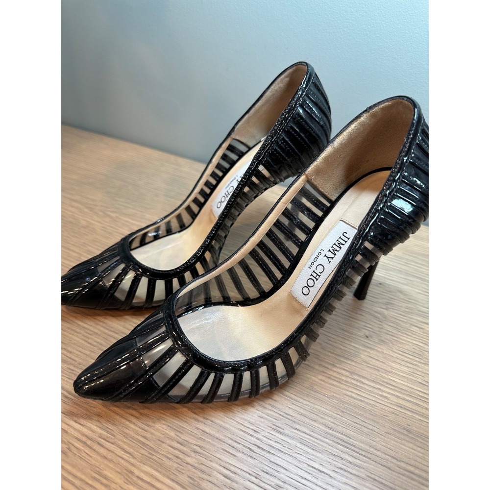 Jimmy Choo Black Patent Cage Pointed Toe Pumps Stiletto Heels Italy Size 36 / 6
